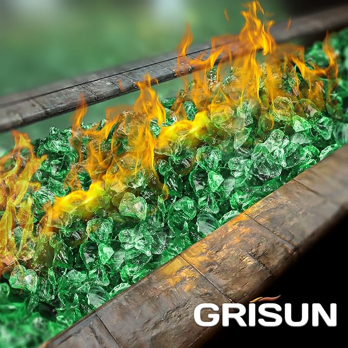 GRISUN Emerald Green Fire Glass for Fire Pit, 10 Pounds 1/2 Inch Tempered Glass Rocks for Natural or Propane Fireplace, Safe for Outdoors and Indoors Firepit Glass