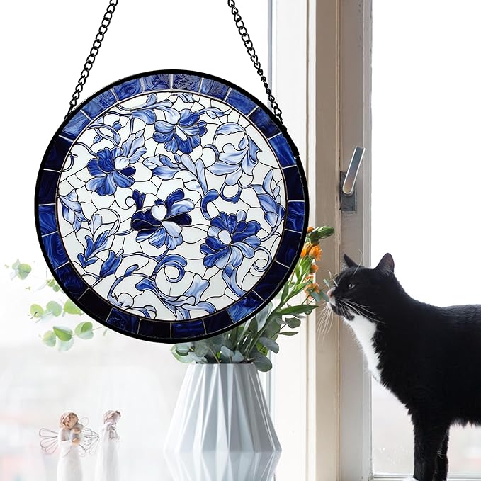 AMDERVEN Stained Glass Window Hanging, Blue and White Abstract Flowers Sun Catcher for Door Home Decor Suncatcher Christmas Mother's Day Birthday Gifts for Women Men Mom and Nana 15 in