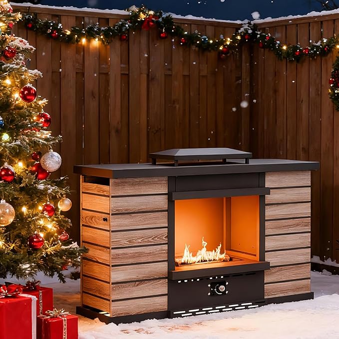 63'' Outdoor Propane Fireplace with Tank Storage & Extra Storage Cabinet, CSA Certified 50,000 BTU Patio Firepit with Dust Cover for Garden, Backyard and Balcony, Gray/Beige