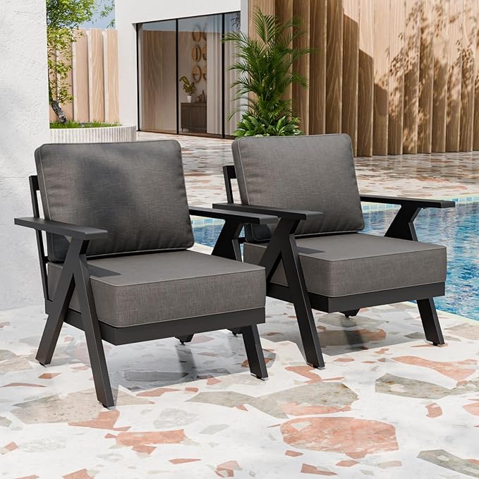 Urban Anvil 2 Pieces Patio Furniture Outdoor Metal Armchairs, All-Weather Patio Accent Chairs with Cushions for Balcony, Porch, Deck, Black/Gray