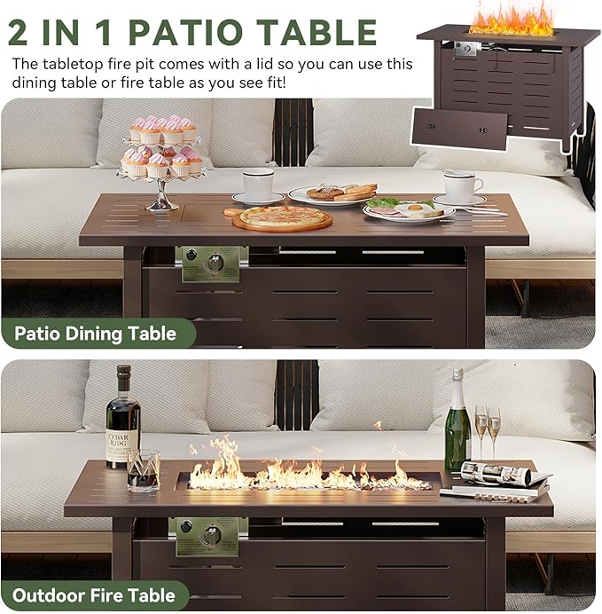 Aoxun 41" Propane Fire Pit Table – 50,000 BTU Outdoor Gas Fire Pits with Removable Lid & Waterproof Cover, Lava Rocks Rectangle Gas Firepit Table for Outside Patio Brown