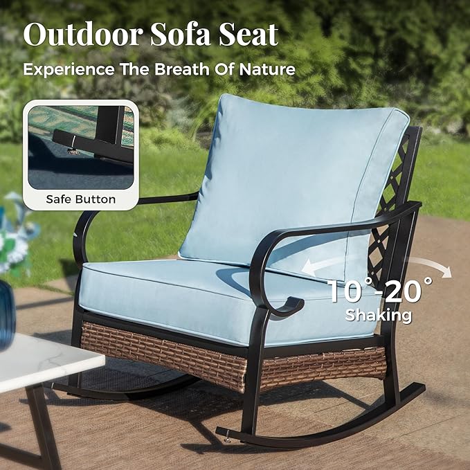Patio Furniture Set with Coffee Table, Outdoor Conversation Set with 2 x Rocking Chair, 1 x 2-Seat Sofa for Lawn Garden Backyard, Blue