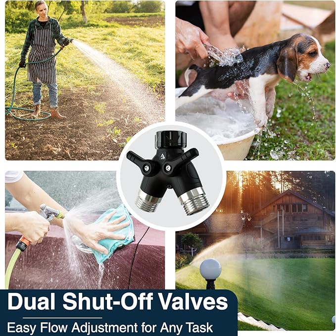 DBR Tech® Garden Hose Splitter 2 Way Heavy Duty | Faucet Adapter with Long Handle, Outdoor Water Spigot Hose Bib Y Wye Splitter, Dual Outlet Shut Off Valve Hose Connector, Leak Free