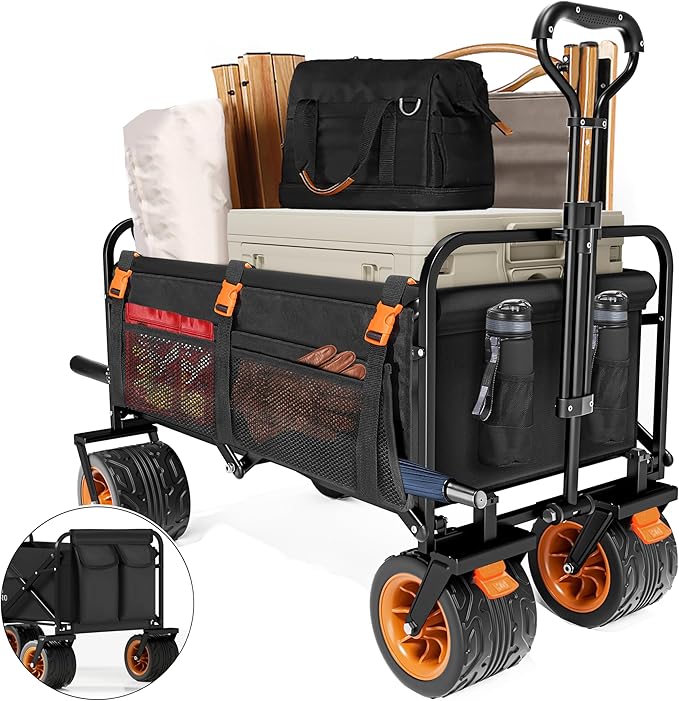 Highpro Heavy-Duty Folding Beach Cart with Extra Large 150L Capacity, 360° Locking Brakes, Waterproof Fabric, and 6 Storage Pockets – Holds Up to 320 lbs for Camping, Beach, and Outdoor Use