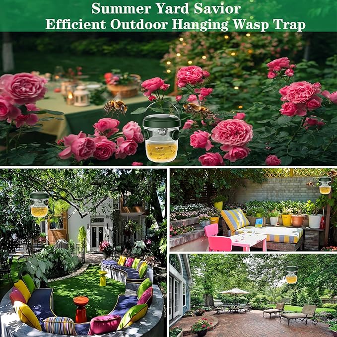 Wasp Traps Outdoor Hanging 2 Packs, Solar Powered Carpenter Bee Trap Yellow Jacket Hornet Catcher with LED Light, Reusable Wasp Deterrent Outdoor for Garden, Patio, Backyard, Camping