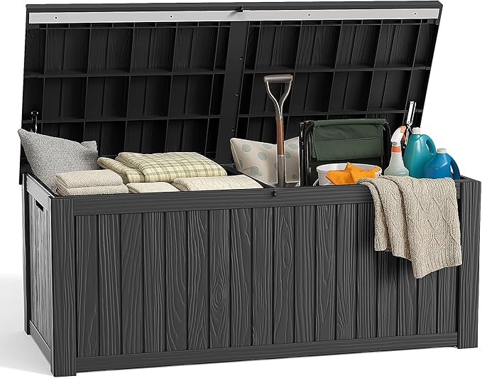 150 gallon Deck Boxes Resin Material Outside Storage Box Large Storage Bins with Lids Deck Boxes Outdoor Waterproof for Outdoor Use(Black,150 Gallon)