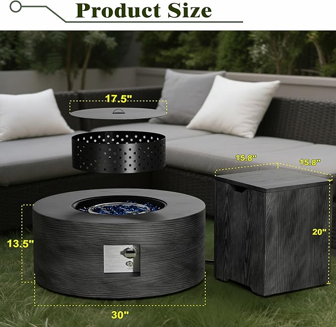 Dineli 2-Piece Outdoor Propane Fire Pit Table Set w Tank Table 30'' Round Fire Pit Table 2-in-1 Firepit Table for Outside Patio Gas Fire Pit, 50,000 BTU, Dark Gray with Wood Grain
