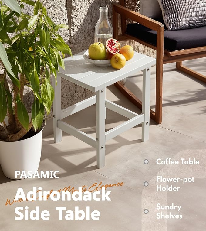 PASAMIC Adirondack Square Outdoor Side Table, HDPE Small Outdoor Table, Patio End Table for Patio, Pool, Backyard, Weather-Resistant (White)