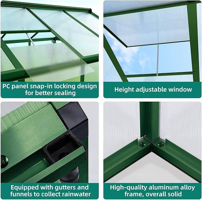 6x8FT Walk in Greenhouse with Reinforced Aluminum Alloy Frame & Snap in Polycarbonate Panels, Adjustable Roof Vent & Rainwater Gutter for Year Round Plant Growth in Garden, Patio, Backyard