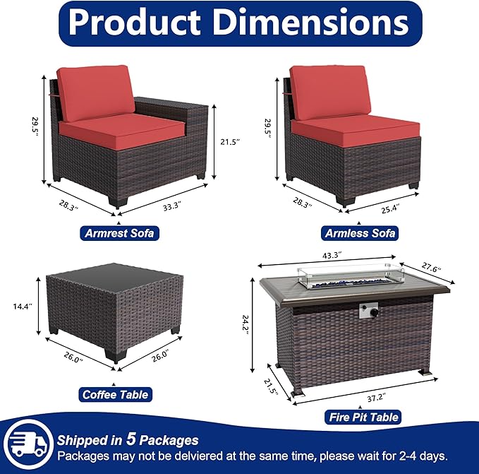 Outdoor Patio Furniture Set with Gas Fire Pit Table, 7 Pieces Patio Furniture Set Outdoor Sectional Sofa w/43in Propane Fire Pit, PE Wicker Rattan Patio Conversation Sets