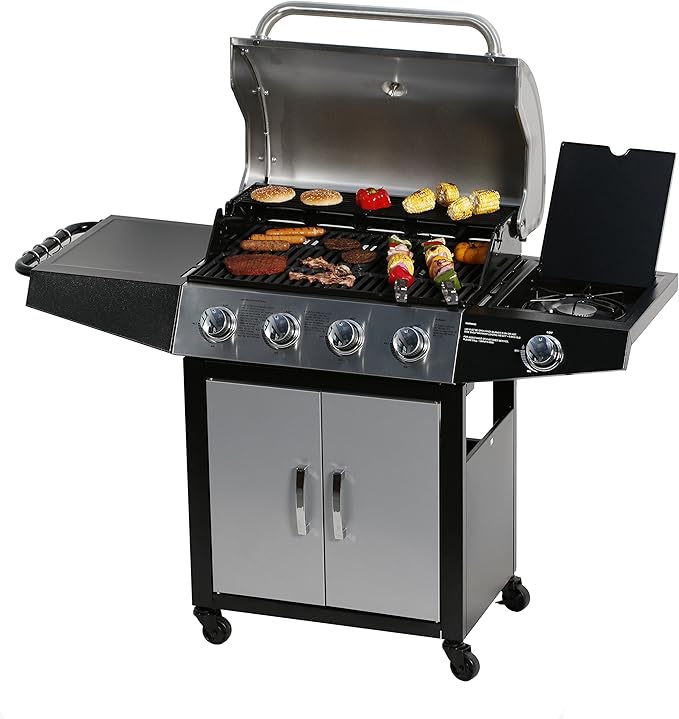 MASTER COOK 4 Burners Gas Grill, 518 Sqin Cooking Area, 52,000 BTU Propane Grill with Side Burner, Stainless Steel Cabinet Grill, Silver & Black