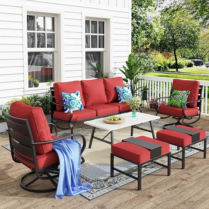 MFSTUDIO 6 Pieces Metal Patio Furniture Sets, 2 Swivel Chair, 1 Deep Seating 3-Seat Sofa, 2 Ottoman & 1 Marbling Coffee Table, All Weather 7 Seats Outdoor Conversation Set for Garden, Burgundy Red