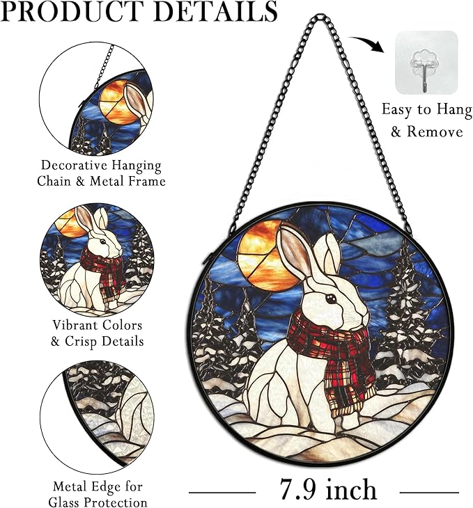 cvjutf Winter Christmas Bunny Suncatcher Stained Glass Window Hanging Decorstions, Nature Landscape Stained Glass Wall Decor, Winter Solstice Gifts, Forest Garden Lawn Sun Catchers Art, 7.9x7.9Inch