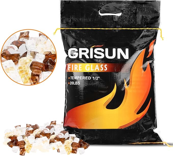 GRISUN 20 Pounds Fire Glass for Fire Pit - 1/2 inch High Luster Reflective Tempered Glass Rocks, Decorative for Natural or Propane Fireplace, Blend of Gold, Platinum and Copper