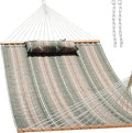 Lazy Daze 12 FT Quilted Fabric Double Hammock with Spreader Bars and Detachable Pillow, 2 Person Hammock for Outdoor Patio Backyard Poolside, 450 LBS Weight Capacity, Mixed Green & Brown Stripe