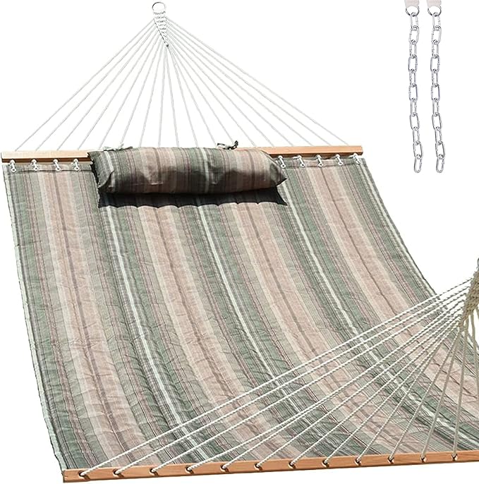 Lazy Daze 12 FT Quilted Fabric Double Hammock with Spreader Bars and Detachable Pillow, 2 Person Hammock for Outdoor Patio Backyard Poolside, 450 LBS Weight Capacity, Mixed Green & Brown Stripe