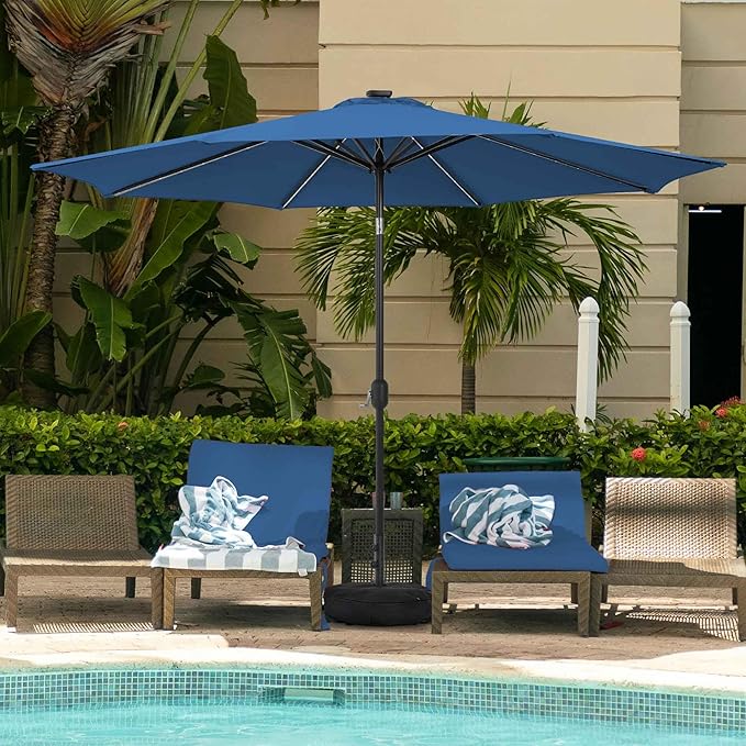 Sundale Outdoor Olefin 5-Year-Non-Fading Solar 88 LED 10FT Solar Patio Umbrella with Sand Bag Base, Outdoor Umbrella with Tilt and Crank, Navy