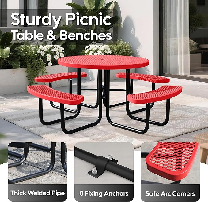 8-Person Outdoor Picnic Tables,46" Heavy-Duty Metal Round Picnic Table,Expanded Metal Commercial-Grade Table with 4 Benches & Umbrella Hole,Waterproof Coating Beach Table for Patio,Garden, Backyard