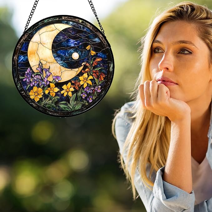 JOSUMALY Stained Glass Window Hanging - Blue Night Sky Moon Suncatcher for Door Terrace Garden Home Decor Wildflowers Sun Catcher Birthday Gifts for Lovers Women Men Dad Mom Nana 6.3 in