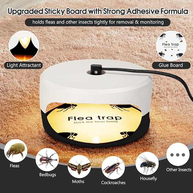 2 Pack Flea Traps for Inside Your Home, Indoor Flea Light Bed Bug Killer with 6 Light Bulb & 4 Sticky Pads Refills & Switch, Odorless Natural Insect Trap for Kid Pet, Safer Than Sprays & Powders