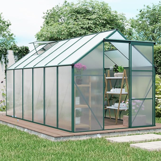 6×12 FT Polycarbonate Greenhouse for Outdoors, Large Walk-in Aluminum Green House Kit with Raised Base, Anchor, Sliding Door & Roof Vent, Heavy-Duty Outdoor Winter Greenhouse, Green