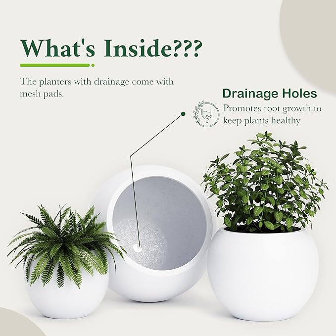 DTY Signature Mount Sherman Modern Indoor Outdoor Fiberstone Sphere Planter, Durable Round Garden Pot, Weather Resistant, Drainage Hole & Rubber Plug, Planter for Christmas Tree - Medium, White