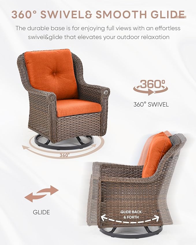 Outdoor Patio Swivel Gliders with Fire Pit Table 5 Piece Set - High Back Brown Wicker Rattan Rocking Chair with Thick Cushion for Porch Apartment Deck Yard Poolside Garden - Orange