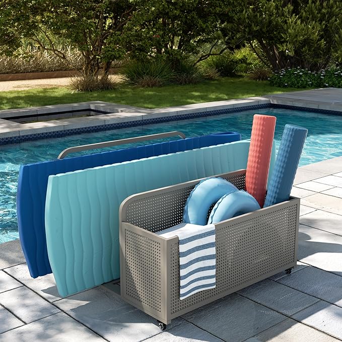 Ulax furniture Cleveland Pool Float Storage Organizer, Steel Pool Float Holder with Basket Shelf, Towel Bars & Hooks