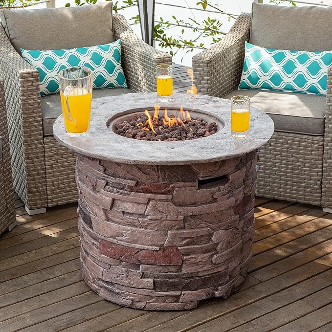 COSIEST Outdoor Propane Concrete Fire Pit Table w Imitation Stone Surface 32-inch Round Fire Table, Certified, 40,000 BTU Stainless Steel Burner, Free Lava Rocks, Fits 20lb Tank Inside