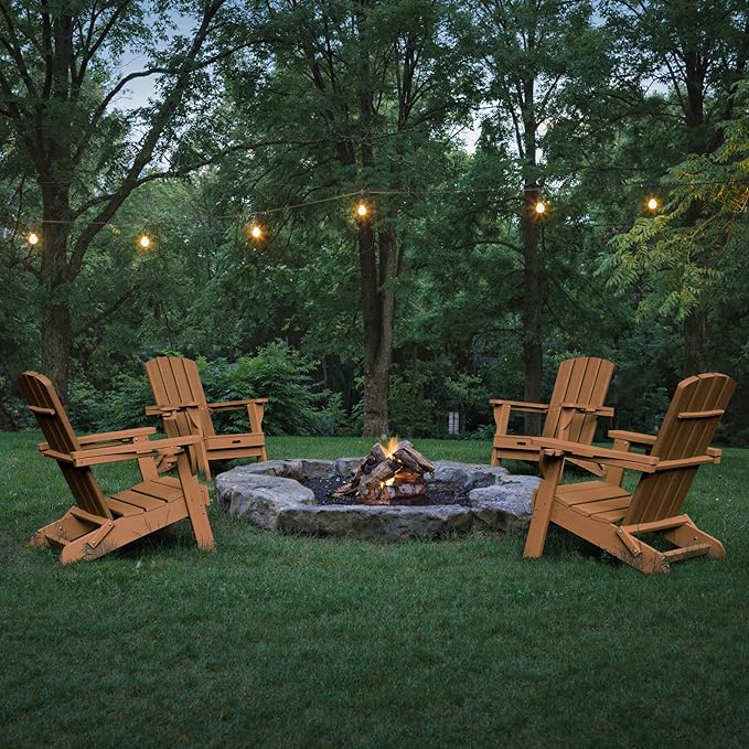 Folding Adirondack Chair 4 Pack, HDPE All-Weather Fire Pit Chairs, Plastic Adirondack Chairs with 2 Cup Holder, Outdoor Lawn Chair for Patio Garden (Teak)