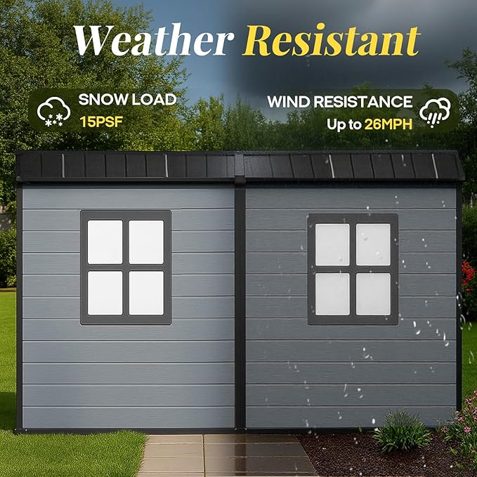 4x8 FT Lean to Shed with Floor, Resin Storage Shed & Outdoor Storage Clearance with 2 Windows, Backyard Storage Sheds for Garden Tools, Bicycle, Black+Grey