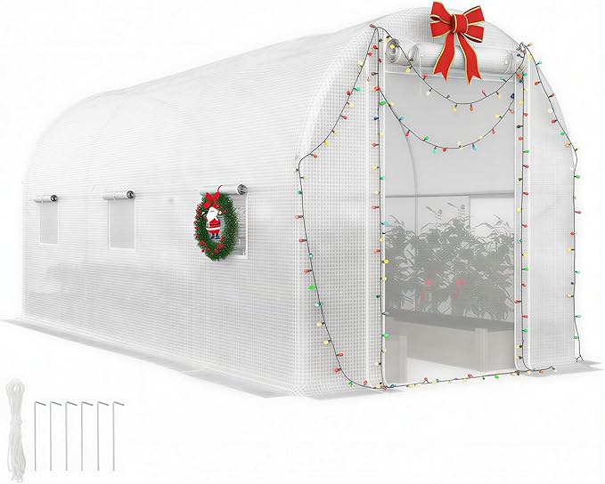 Outsunny 14.6'x6.5'x6.6' Hoop House Greenhouse with 2 Support Rods, Zippered Roll-up Mesh Door, Mesh Windows, Walk-in Tunnel Greenhouse with PE Cover, Galvanized Steel Frame, Outdoor Garden, White