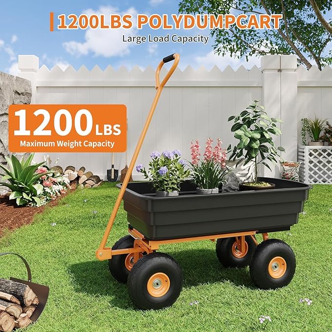 Heavy Duty Garden Dump Cart, 1200LB Yard Utility Cart with All-Terrain Wheels & Quick-Release, Gardening Cart