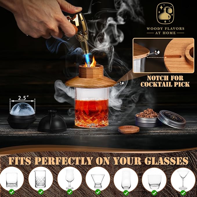 Woody Flavors At Home Old Fashioned Cocktail Smoker Kit for Whiskey, Bourbon, and Drinks with Cherry Smoker, Natural Wood Chip Flavors, Culinary Torch, Ice Cube Spheres, 2 Coasters, 2 Glasses