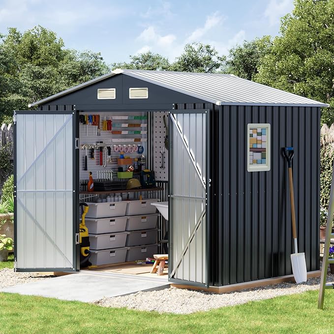 6x8FT Outdoor Metal Storage Shed with Floor Frame,Double Door, 1 Clear Window, Tool Shed for Garden, Patio, Backyard