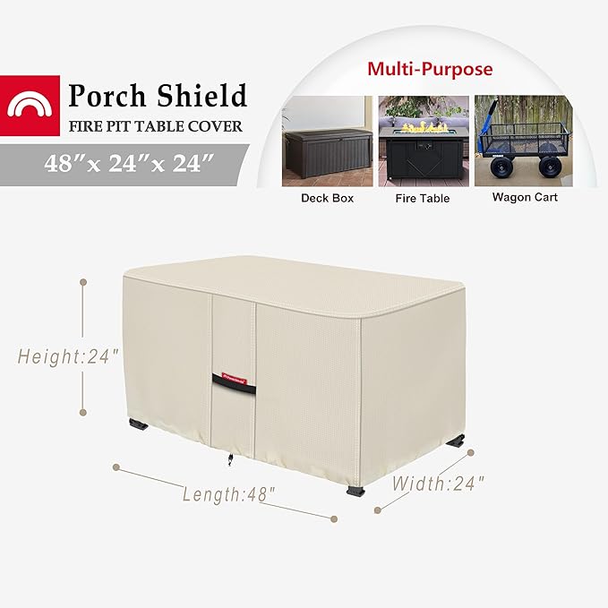 Porch Shield Patio Fire Pit Cover - Waterproof 600D Outdoor Rectangular Fire Table Cover Deck Box Protector - 48 x 24 inch, Beige
