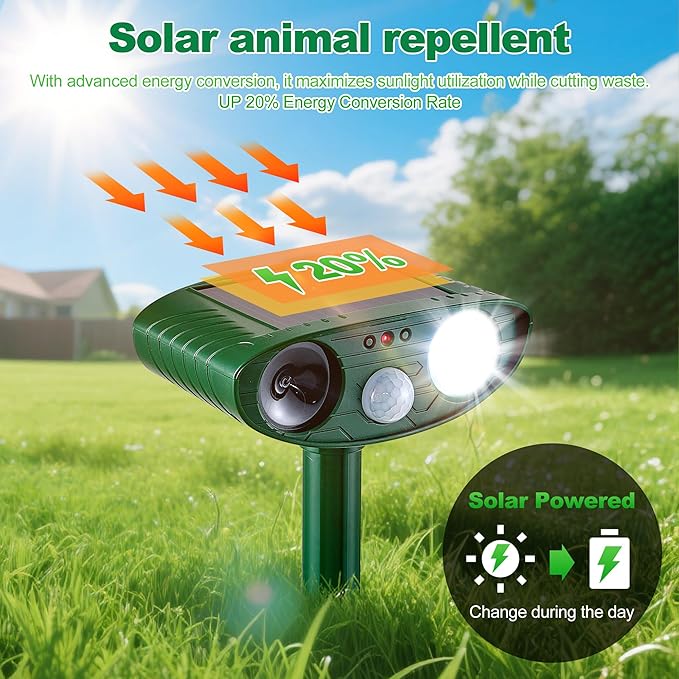 4 Pack Solar Animal Repeller for Raccoons, Deer & Squirrels - Ultrasonic & Strobe Light, Outdoor Deterrent for Cats, Dogs, Raccoons, Rabbits, Skunks, Foxes & More