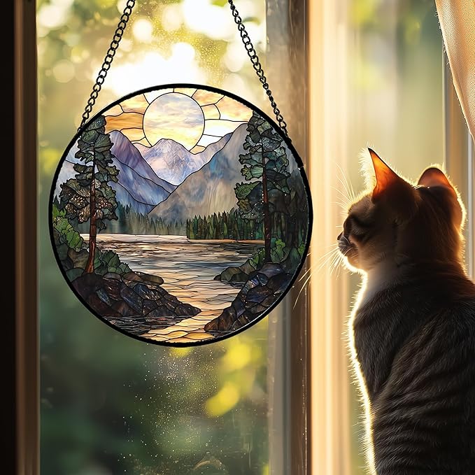 AMDERVEN Stained Glass Window Hanging, Sunset Mountains Lake Tree Sun Catcher for Window Home Decor Landscape Suncatcher Mother's Day Birthday Gifts for Women Men Mom and Nana 6.3 in