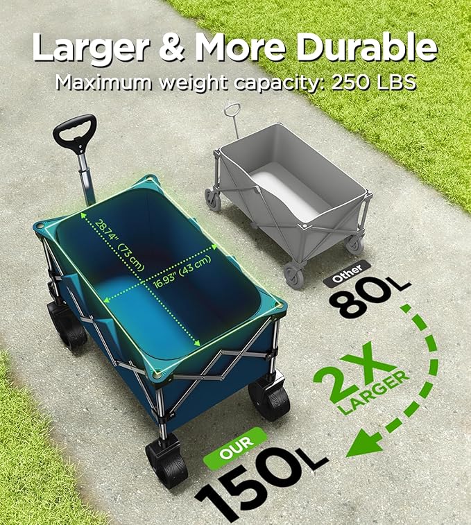 Collapsible Folding Wagon Cart with Large Wheels & 150L Capacity | Heavy-Duty Foldable Utility Wagon for Groceries, Camping, Beach, Sports & Garden Use | Compact Storage, No-Tool Setup-Blue