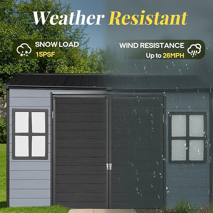 8x6 FT Resin Storage Sheds Outdoor with Floor Included, Plastic Sheds & Outdoor Storage Clearance with 2 Windows and Lockable Door, Backyard Storage Sheds for Bike, Garden Tools, Black+Grey