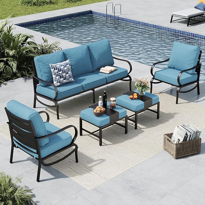 MFSTUDIO 5 Pieces Patio Conversation Sets, 7 Seats Metal Patio Furniture Sets with 1 x 3-Seat Sofa, 2 x Sofa Chairs, 2 x Ottoman, All Weather Steel Patio Sets with 5.75inch Navy Cushion for Garden