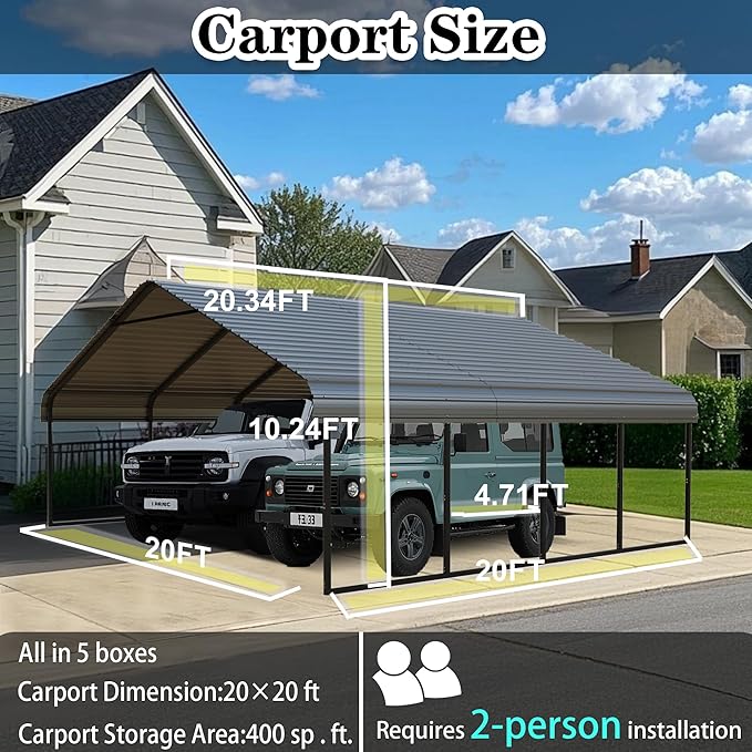 20x20 ft Metal Carport & Portable Garage, Heavy Duty with Galvanized Steel Roof & Frame - Large Tall Carports Canopy for Snow, Grey for Outdoor Garages