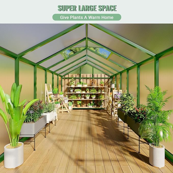 Greenhouse, 8x12 FT Greenhouse for Outdoors, Walk-in Green House with Ground Nails and Vent Windows, Sliding Lockable Door, Polycarbonate Greenhouses for Outside Garden Backyard, Quick Setup, Green