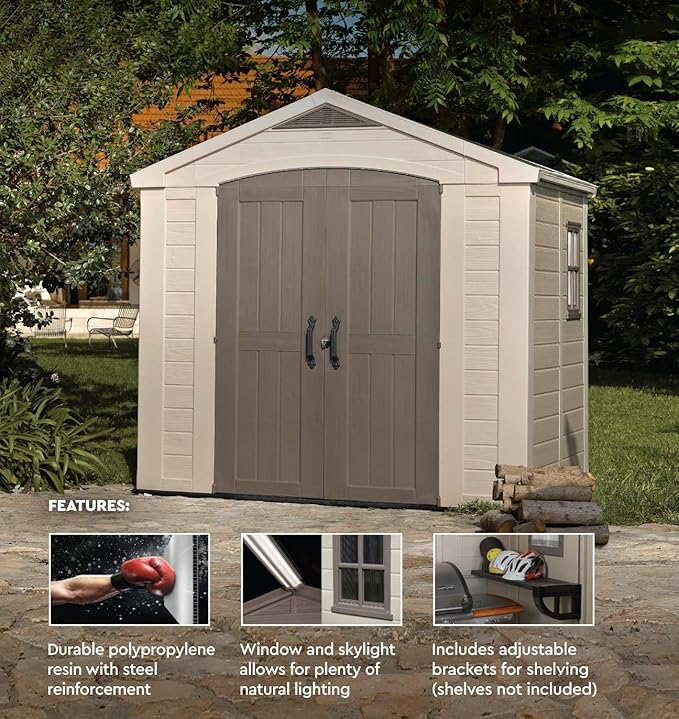 8x6 Ft All-Weather Storage Shed with Skylight,Window,Built-in Ventilation,Walls, & Lockable Double Doors for Patio Furniture Lawn Mower Tools and Bike Storage Lockable
