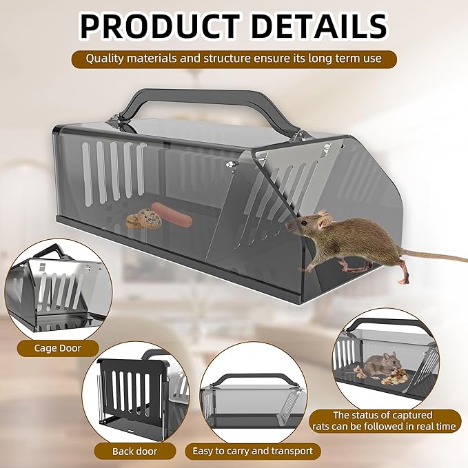 Humane Rat Trap - Mouse Traps Work Chipmunk Rodent Trap for Indoors and Outdoors, Live Rat Traps Outdoor, Catch and Release Mouse Traps That Work, Easy to Clean & Reusable