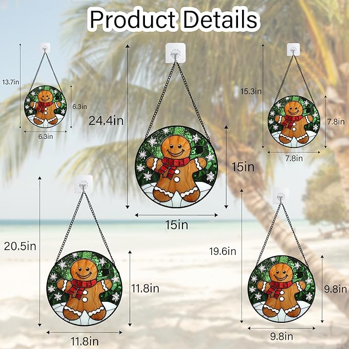 CRISGIF Stained Glass Window Hanging Cute Christmas Gingerbread Man Snowflake 9.8" - Suncatcher Door Garden Sun Catcher Home Decor Birthday for Mom Men Woman Nana Friend