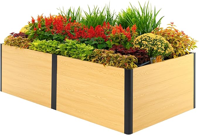 Vego garden Woodgrain Series Raised Garden Bed, 26'' Tall 4' x 8' Wooden-Look Metal Planter Box Outdoor for Gardening Vegetables, Flowers, Herbs