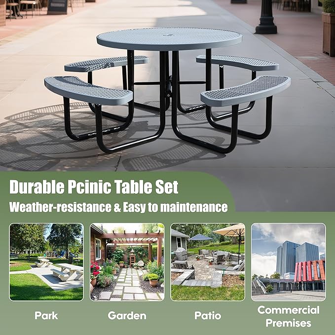 Sunnibety 8-Person Picnic Tables for Outdoors, Industrial 46" Expanded Metal Round Picnic Table with 4 Benches & Umbrella Hole, Outside Table and Bench Set for Park, Garden, Backyard, Patio, Grey