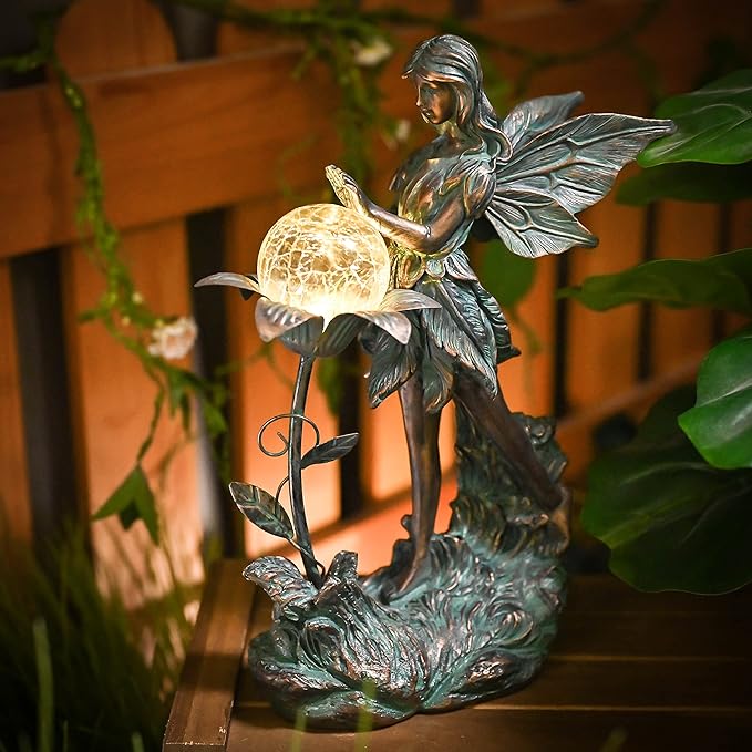 TERESA'S COLLECTIONS Garden Fairy Large Bronze Garden Sculptures & Statues Resin with Solar Outdoor Light, Valentines Decorations Lawn Ornaments for Outdoor Decor, Gifts for Women Mom, 11"