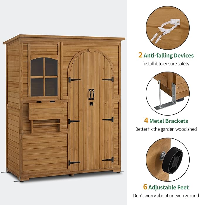 Macrout Outdoor Storage Cabinet with 3 Shelves (4.8 x 2.1 x 6.2 ft), Wood Storage Shed with Roof, Tall Garden Shed with 1 Foldable Table for Yard Patio Lawn, 1815